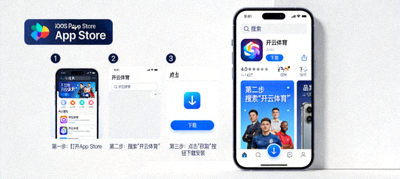 开云体育app在苹果App Store的下载安装界面，展示iOS版本获取步骤